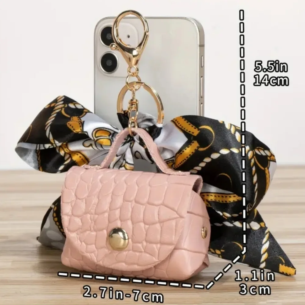 Pink Croc Mini Purse Bag Charm Keychain Scarf Bow AirPods Coin Pouch Keyring New